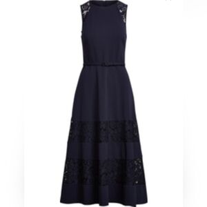 Elegant Navy Sleeveless Dress with Lace Detail By RALPH LAUREN, Sz 0, New With T